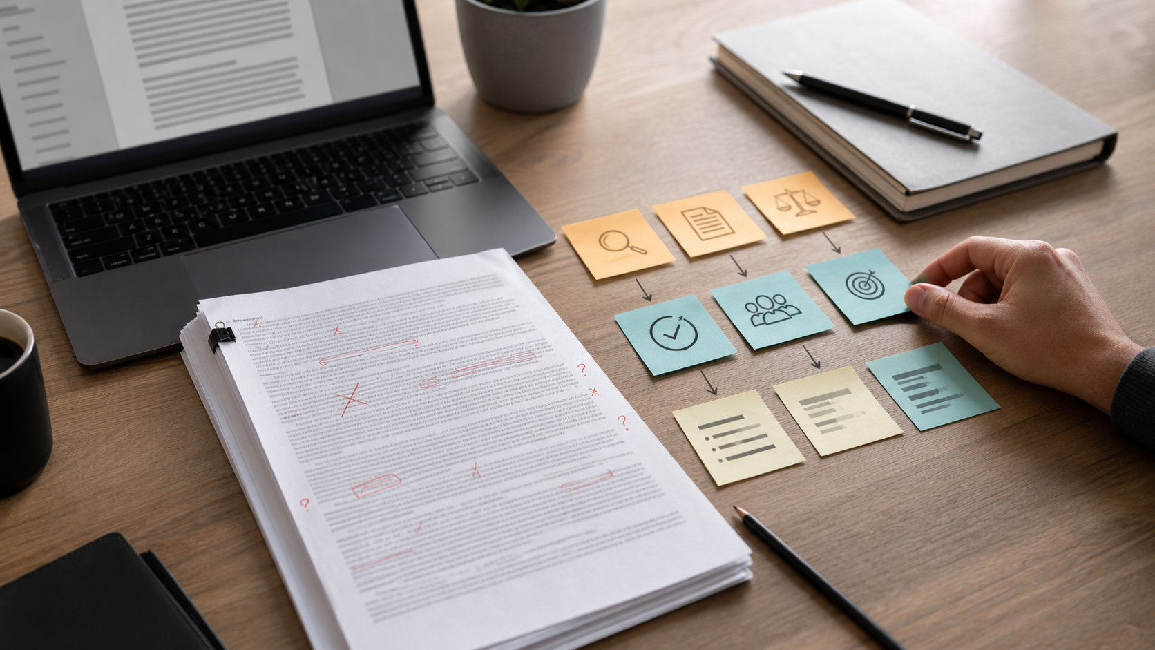 AI-assisted draft, source notes, and editing decisions arranged on a desk